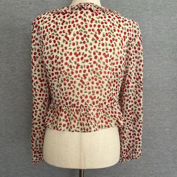 Nasty Gal Cherry Print Sheer Crop Top Size 8 Chiffon Ruffled Whimsical Romantic - Picture 7 of 16